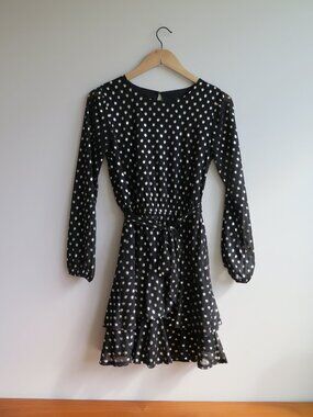 City Studio Black & Gold Metallic Polka Dot Ruffle Mini Dress | Long Sleeve Tie